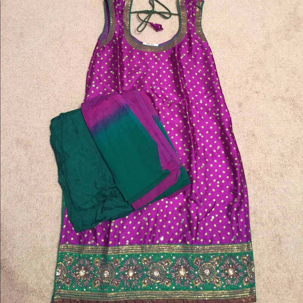 Purple/green/ bhandhni chudidar